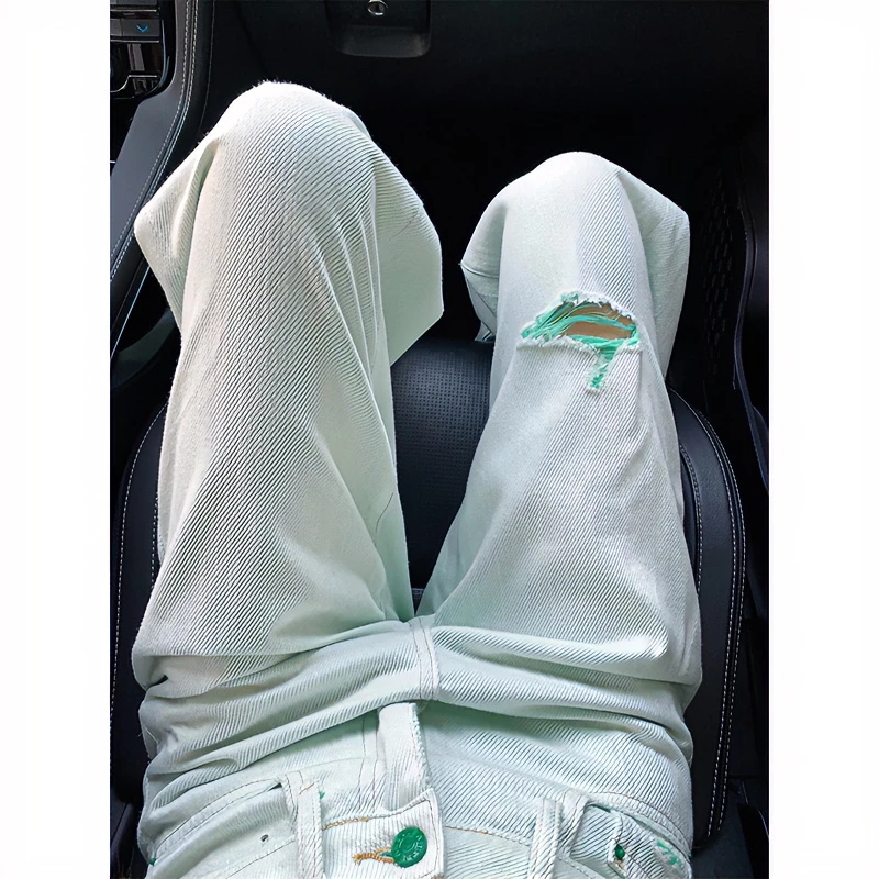 胖mm大码女装高腰舒适牛仔裤女紧身柔软梨形身材破洞直筒阔腿长裤