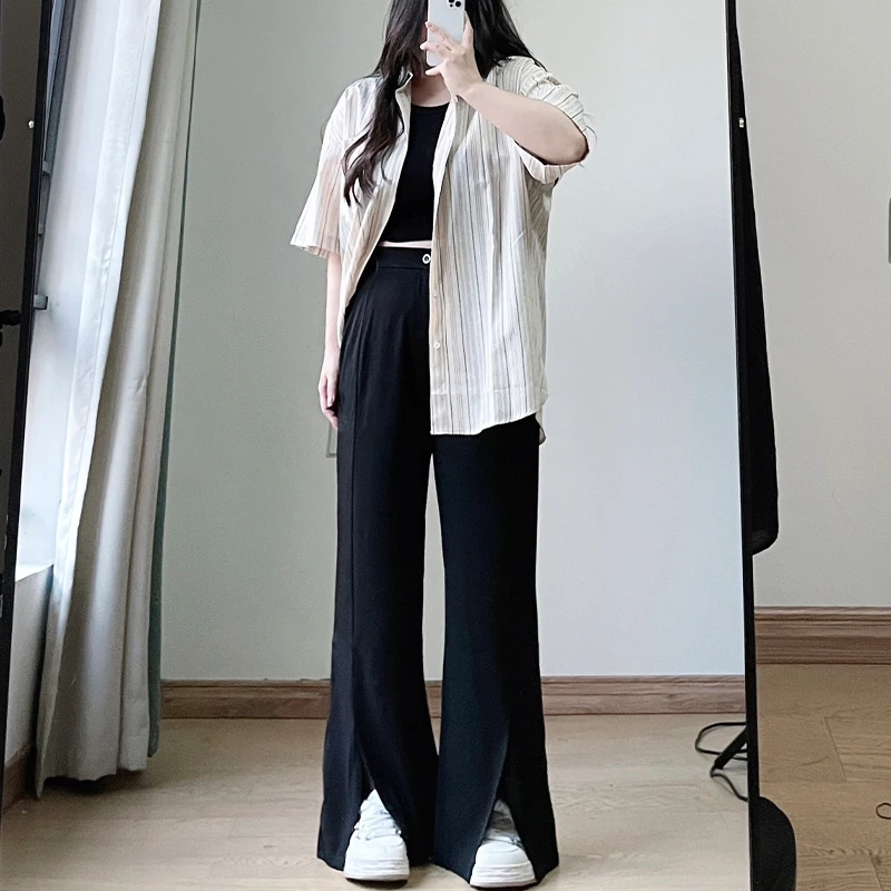 胖mm大码高腰显瘦垂感直筒休闲裤夏季时尚薄款宽松开叉拖地西裤潮