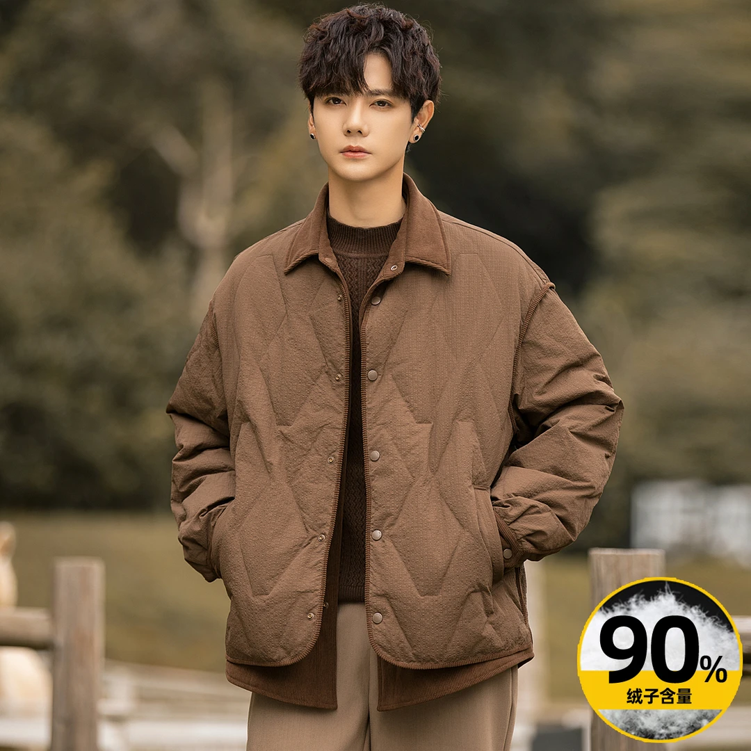 90白鸭绒翻领羽绒服2025冬装新款高档帅气菱格设计感休闲加厚外套