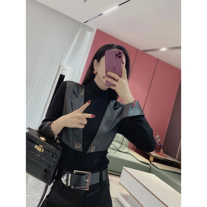 【气质元素】假两件拼接立领上衣2663