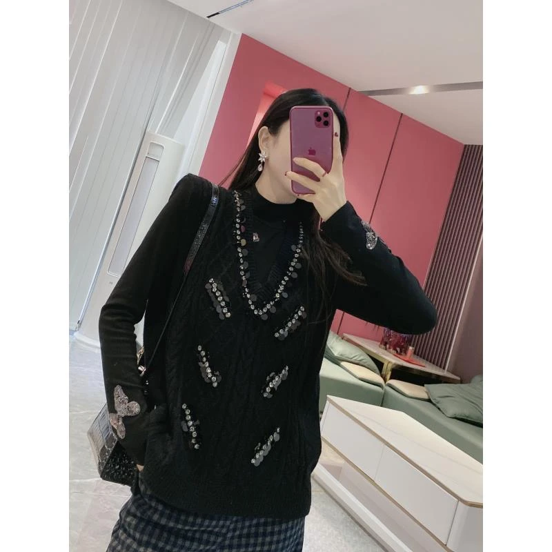 亮片麻花辫针织马甲930