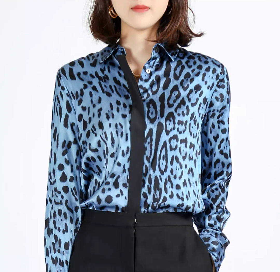 蓝色豹纹重磅缎面桑蚕丝衬衫女长袖2025早秋新款时尚通勤上衣0149