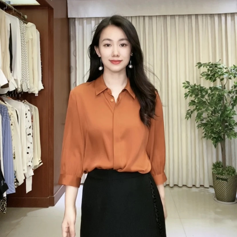 2025年新款真丝衬衣七分袖纯色桑蚕丝女装重磅高级气质上衣8389