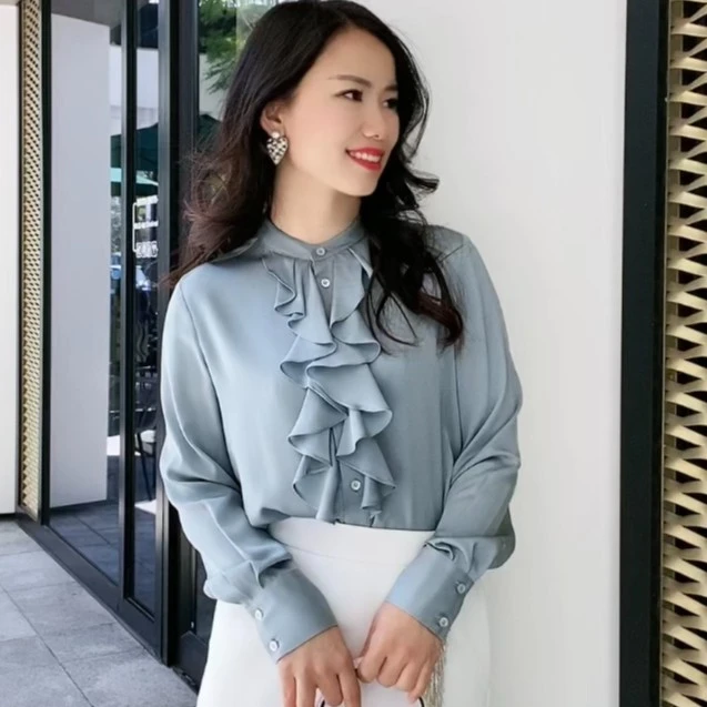 重磅桑蚕丝荷叶边真丝气质优雅衬衫女秋季印花衬衣长袖时尚7953
