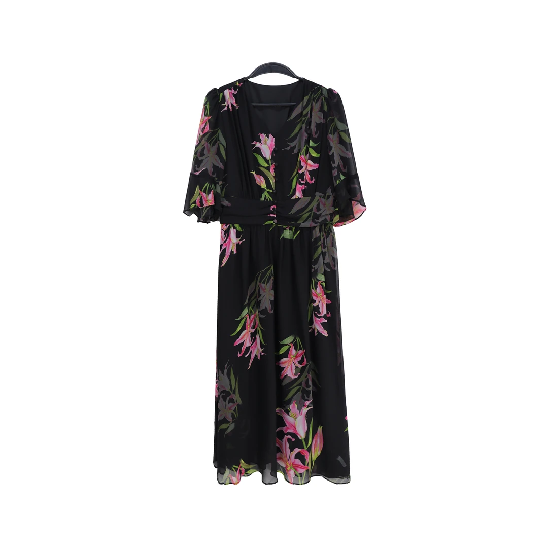 喇叭袖收腰显瘦气质V领度假连衣裙S1225