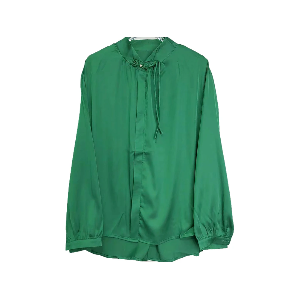 E8932时尚洋气显瘦立领盘扣绿色长袖衬衫