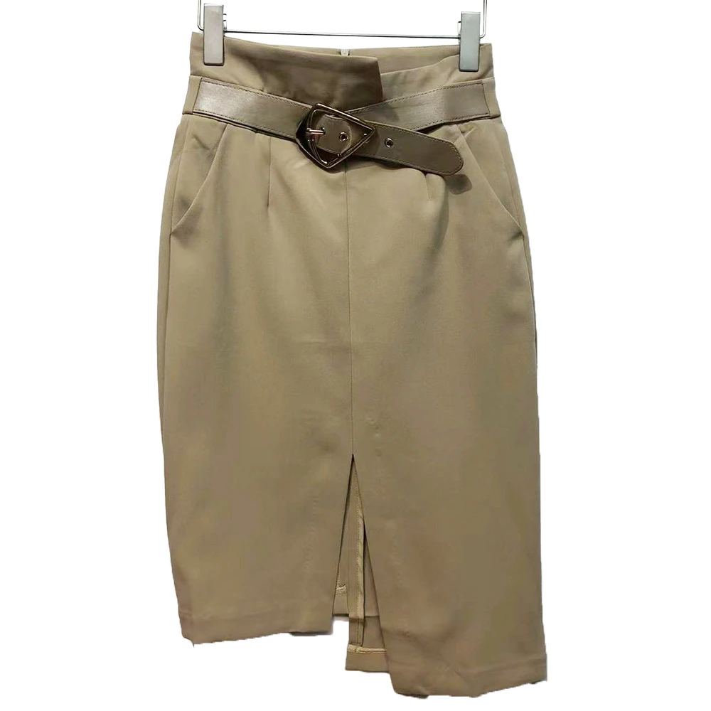 时尚简约卡其色皮带装饰包臀半裙E2816