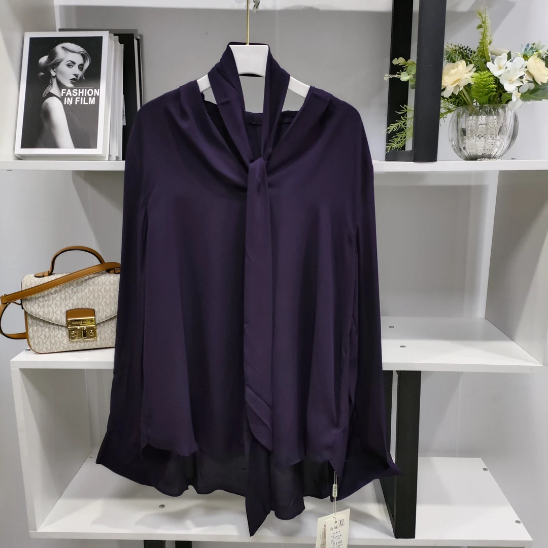 G2180时尚紫色V领飘带百搭衬衫