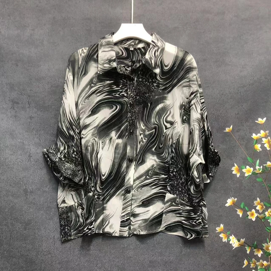 8606X【夏季新款】时尚百搭翻领复古晕染黑灰色衬衫