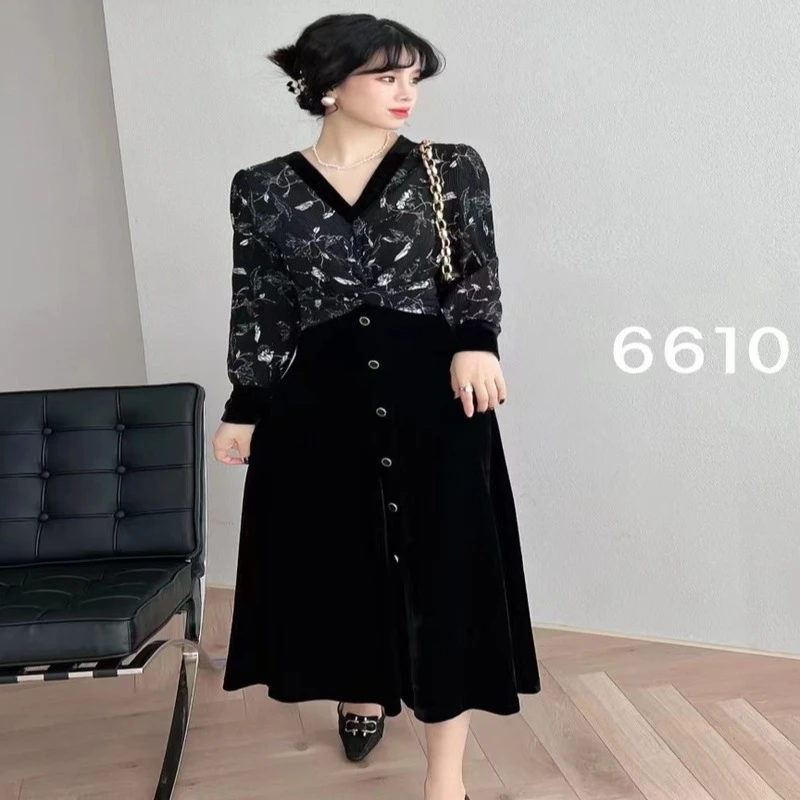 「LE布森」X6610时尚黑色淑女V领泡泡袖拼接收腰连衣裙