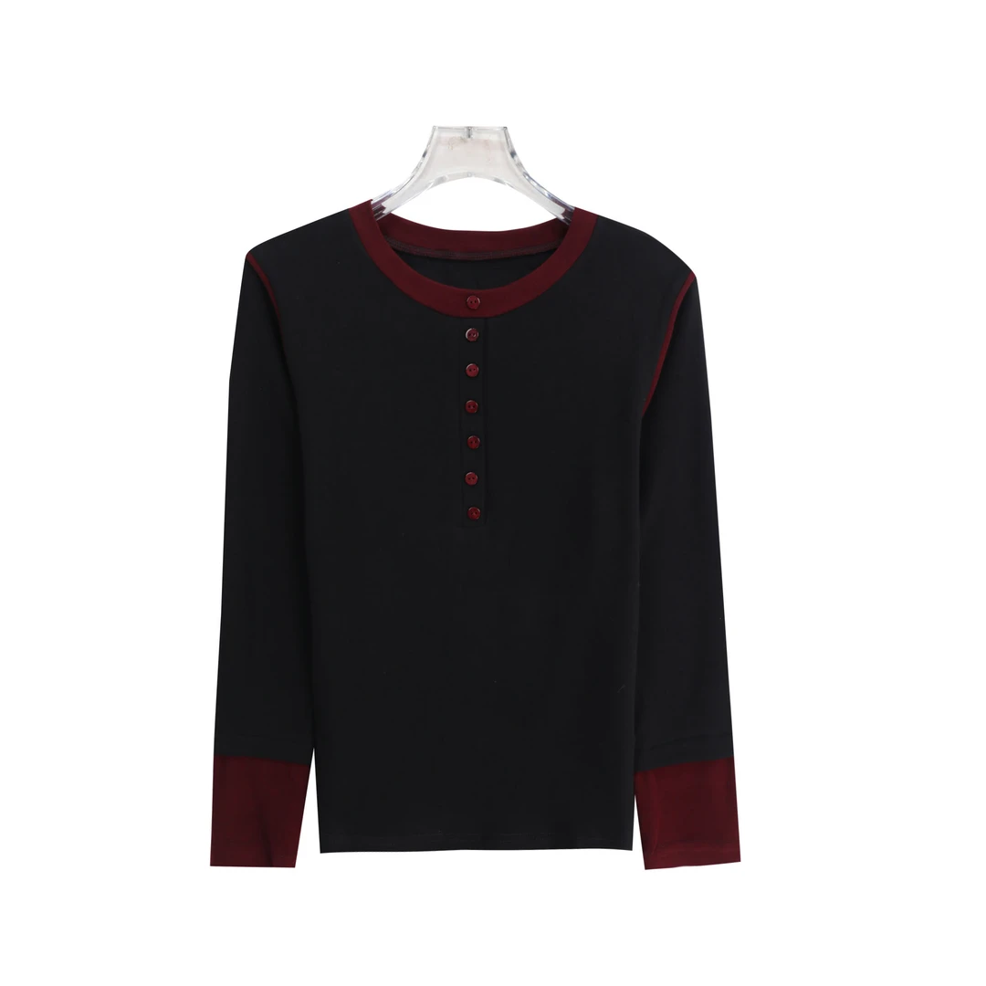 慵懒风简约拼接百搭时尚长袖打底T恤S4949