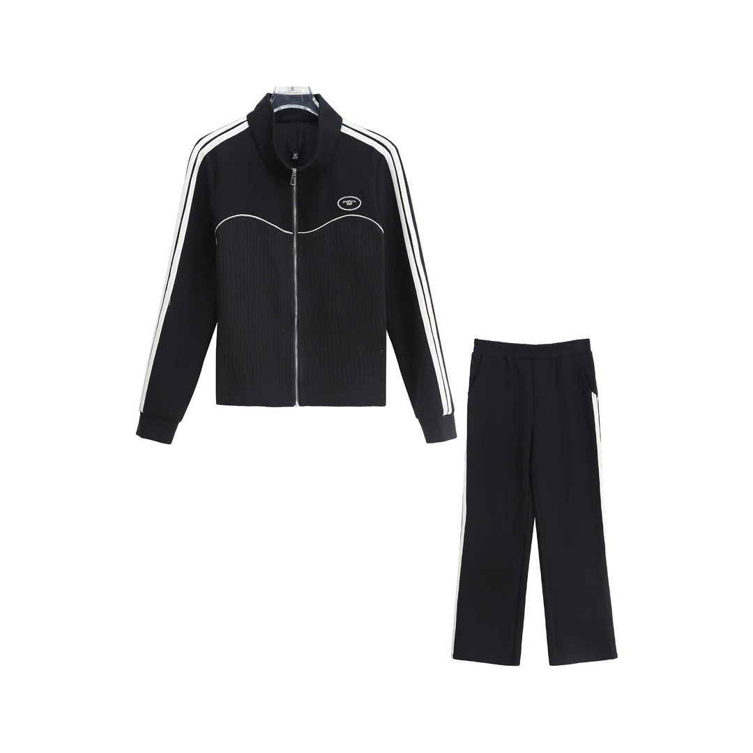 条纹半立领运动宽松上衣直筒休闲裤套装S4408