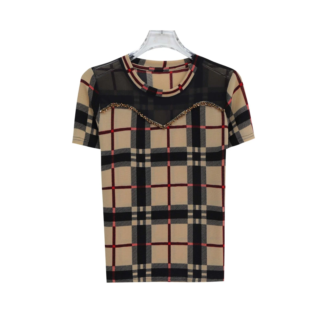 复古格纹印花圆领潮流垂感休闲T恤S1708