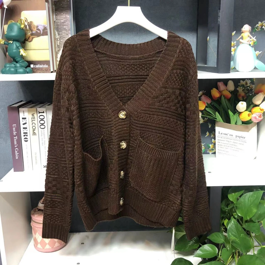 ML5755【品牌撤柜】时尚百搭V领深咖色休闲打底衫