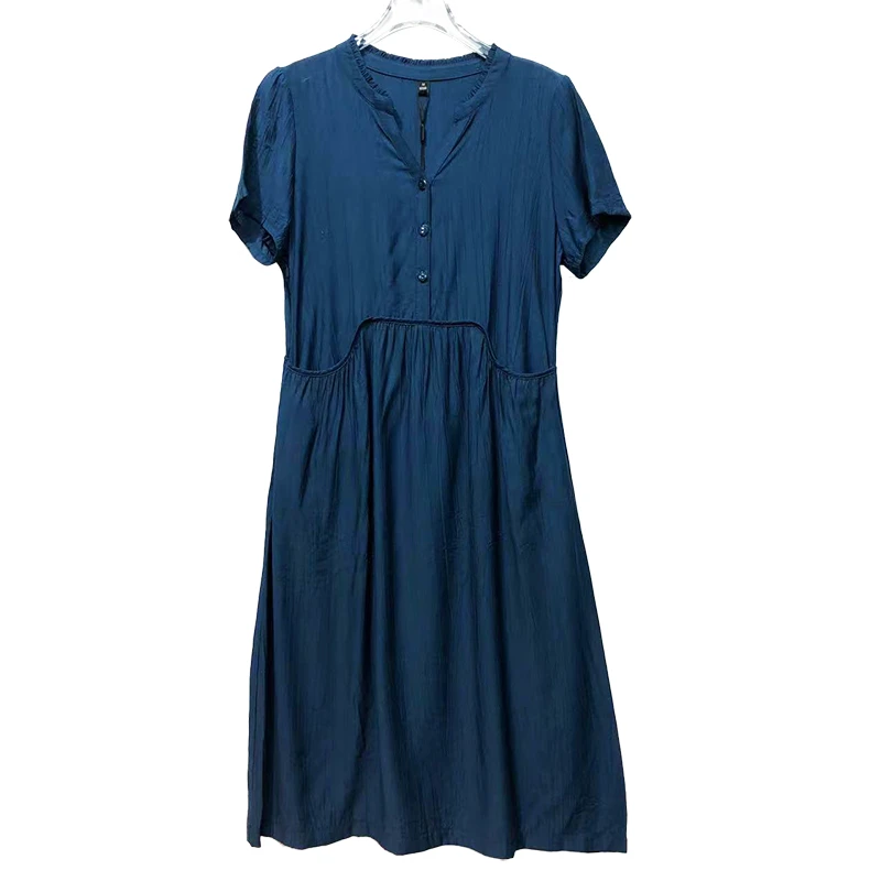 E6325 时尚气质V领宽松休闲蓝色连衣裙