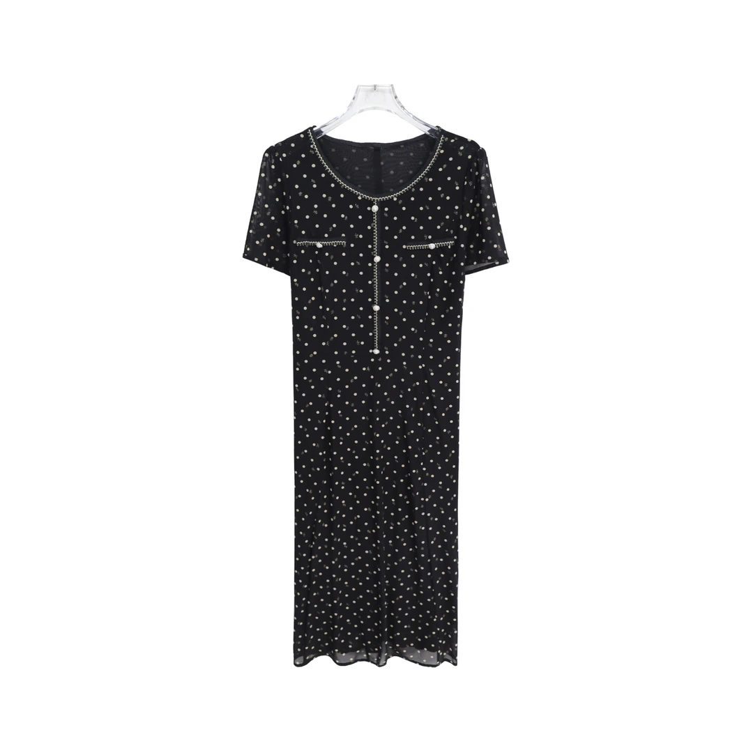 轻奢优雅长裙波点印花圆领长款连衣裙S1402