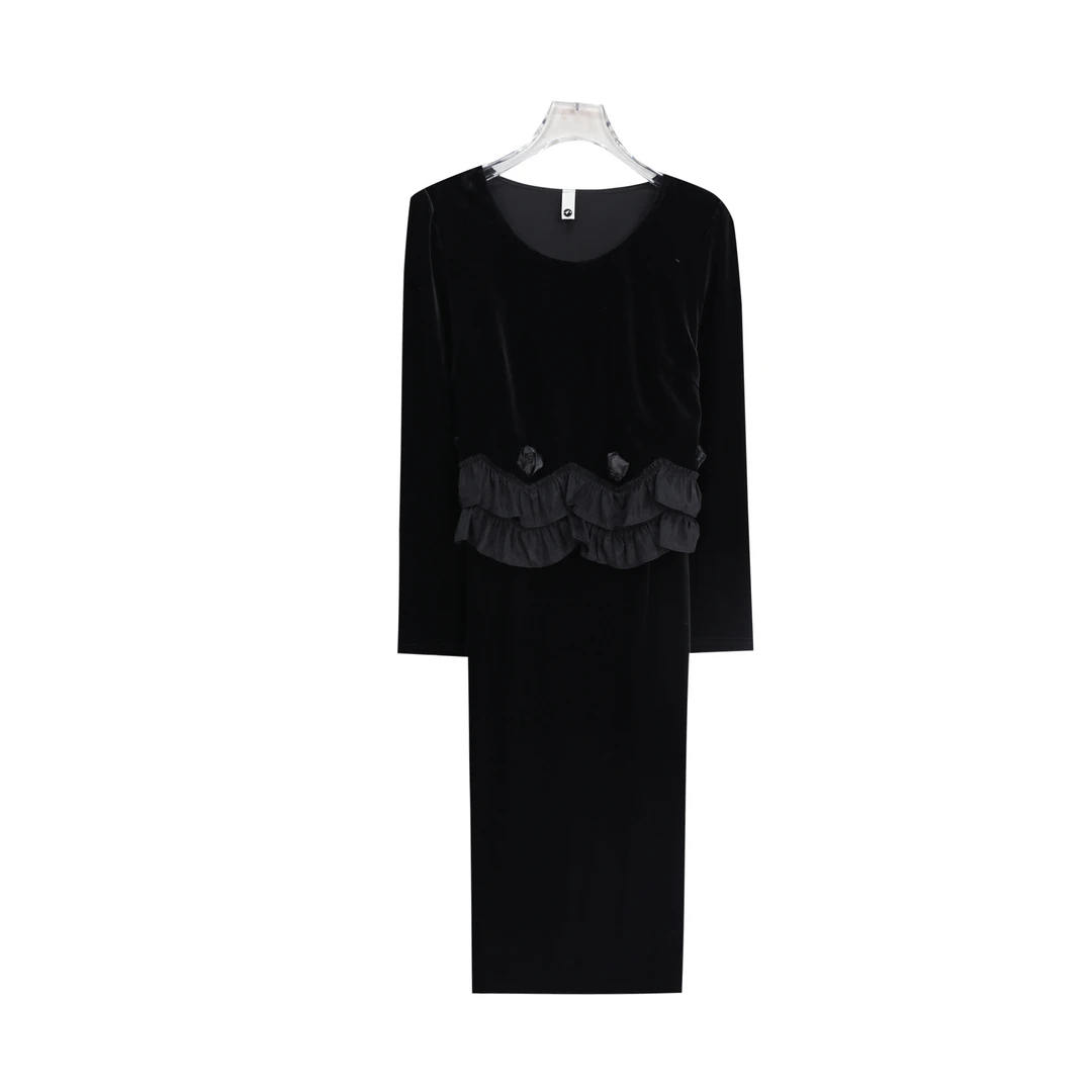 时尚气质修身显瘦荷叶边拼接丝绒连衣裙S4562