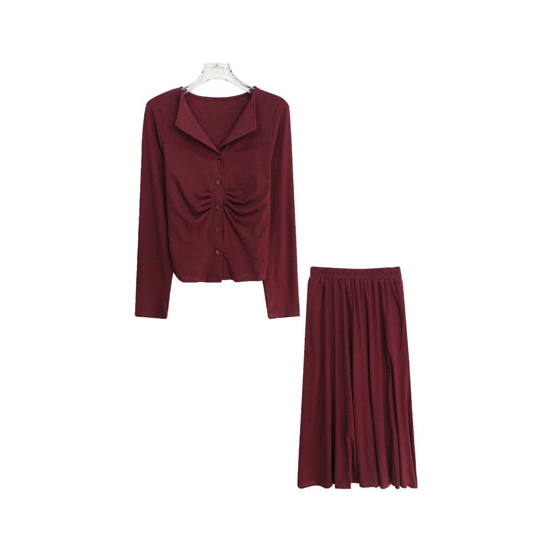 S设计感褶皱修身小众小衫纯色半身裙套装S3686