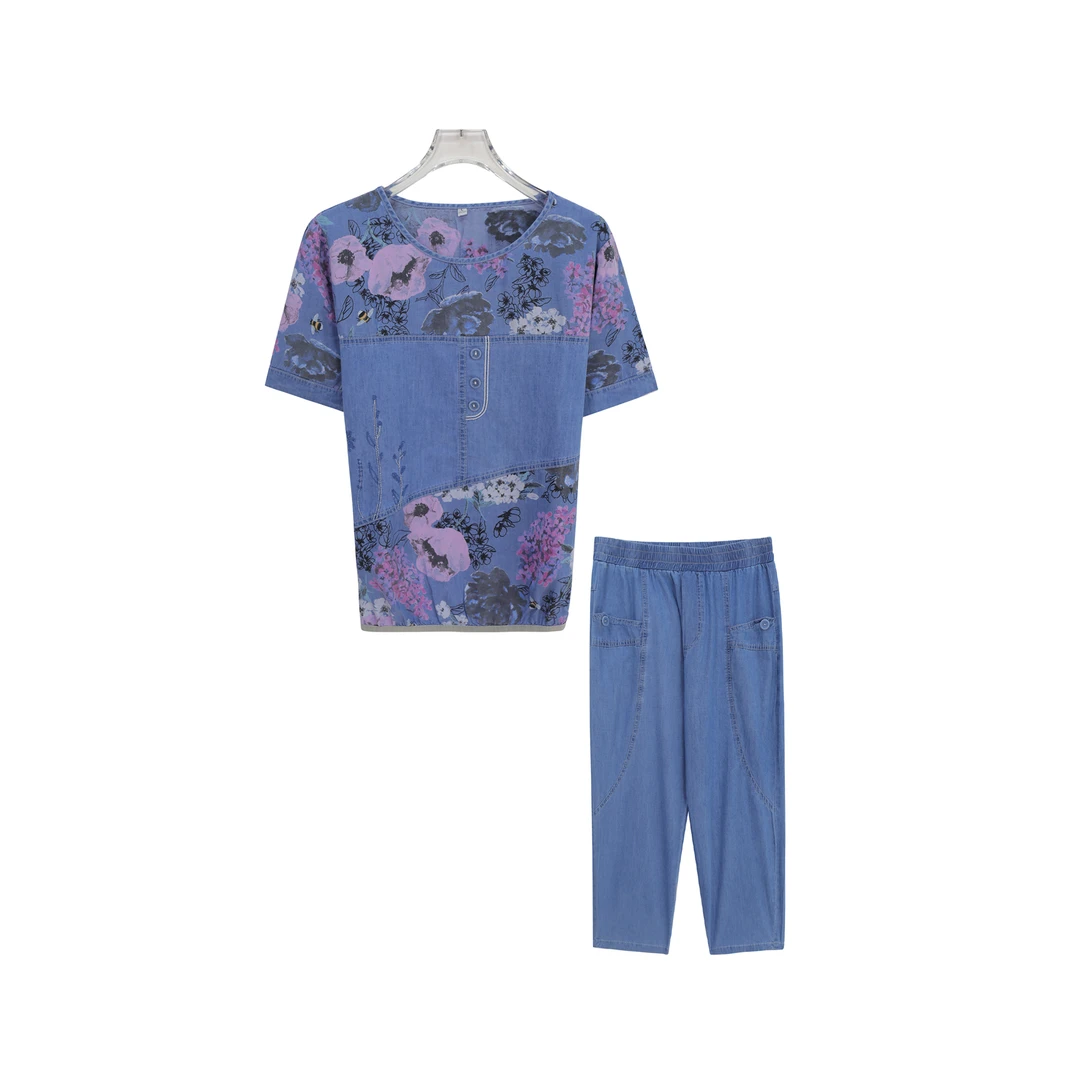 宽松减龄洋气印花短袖休闲牛仔裤套装S850