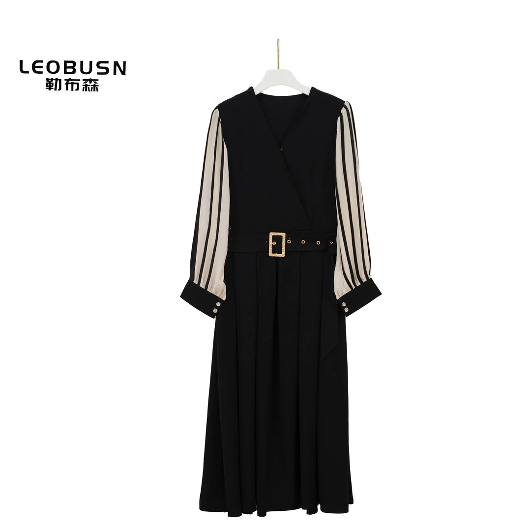 时尚黑色V领收腰撞色褶皱拼接袖气质连衣裙X2289