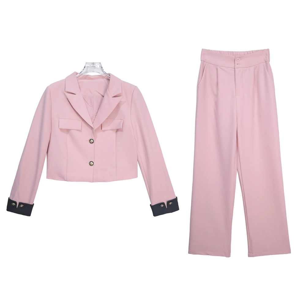 撞色翻遍袖粉色套装韩版简约短外套套装E360