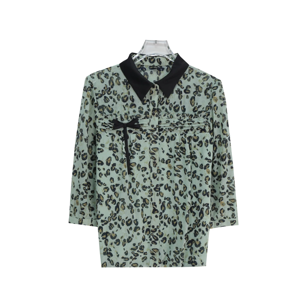 新款设计感田园风POLO领豹纹印花衬衫S2543