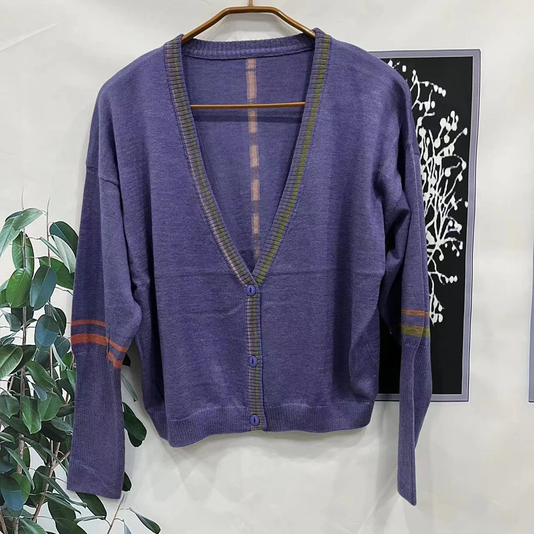 HY03445 时尚休闲百搭大V领紫色拼色排扣开衫