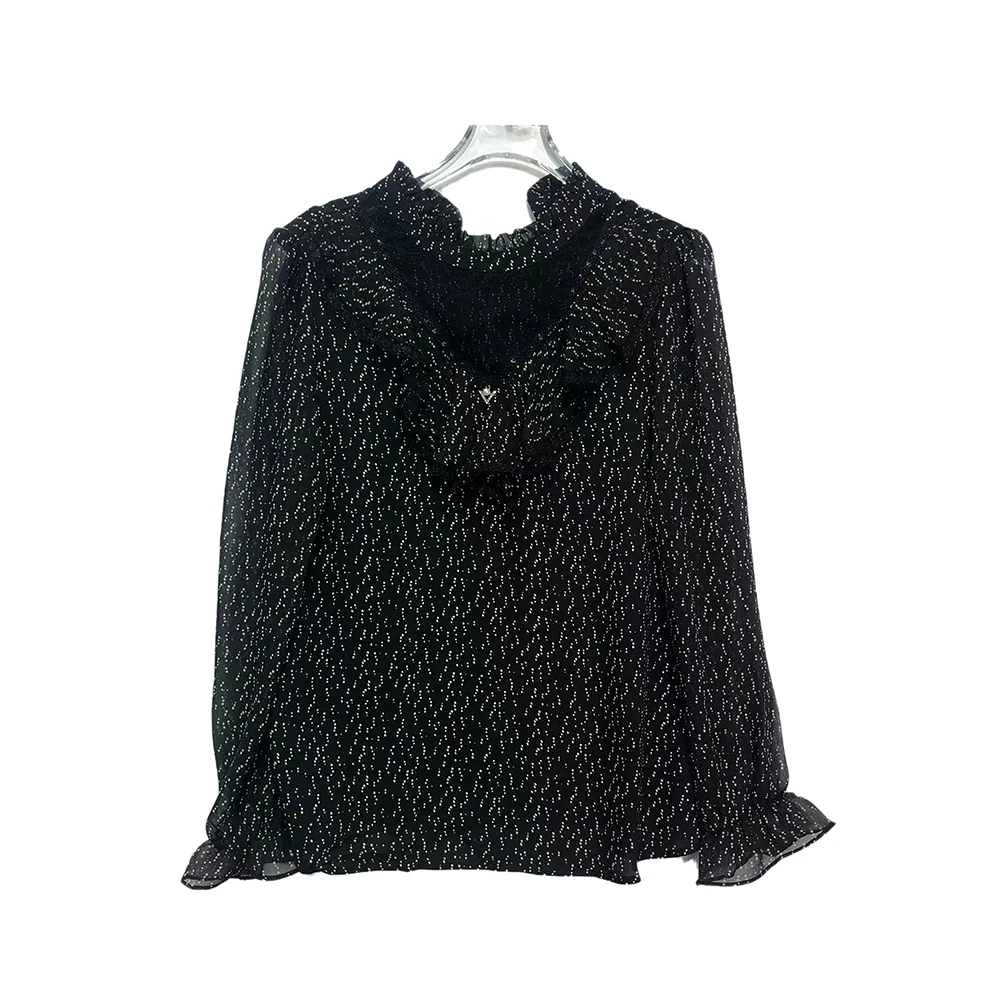 时尚百搭V领点点图案黑色衬衫X2423