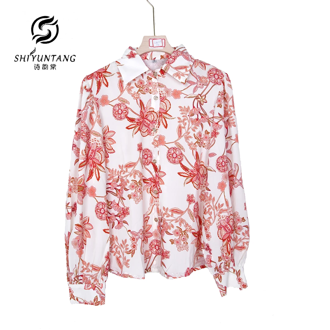 「SHI韵棠」X21026时尚橘粉色翻领单排扣百搭款印花衬衫