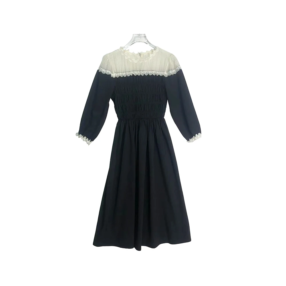 E8827【品牌撤柜】时尚潮流圆领碎花边黑色气质连衣裙