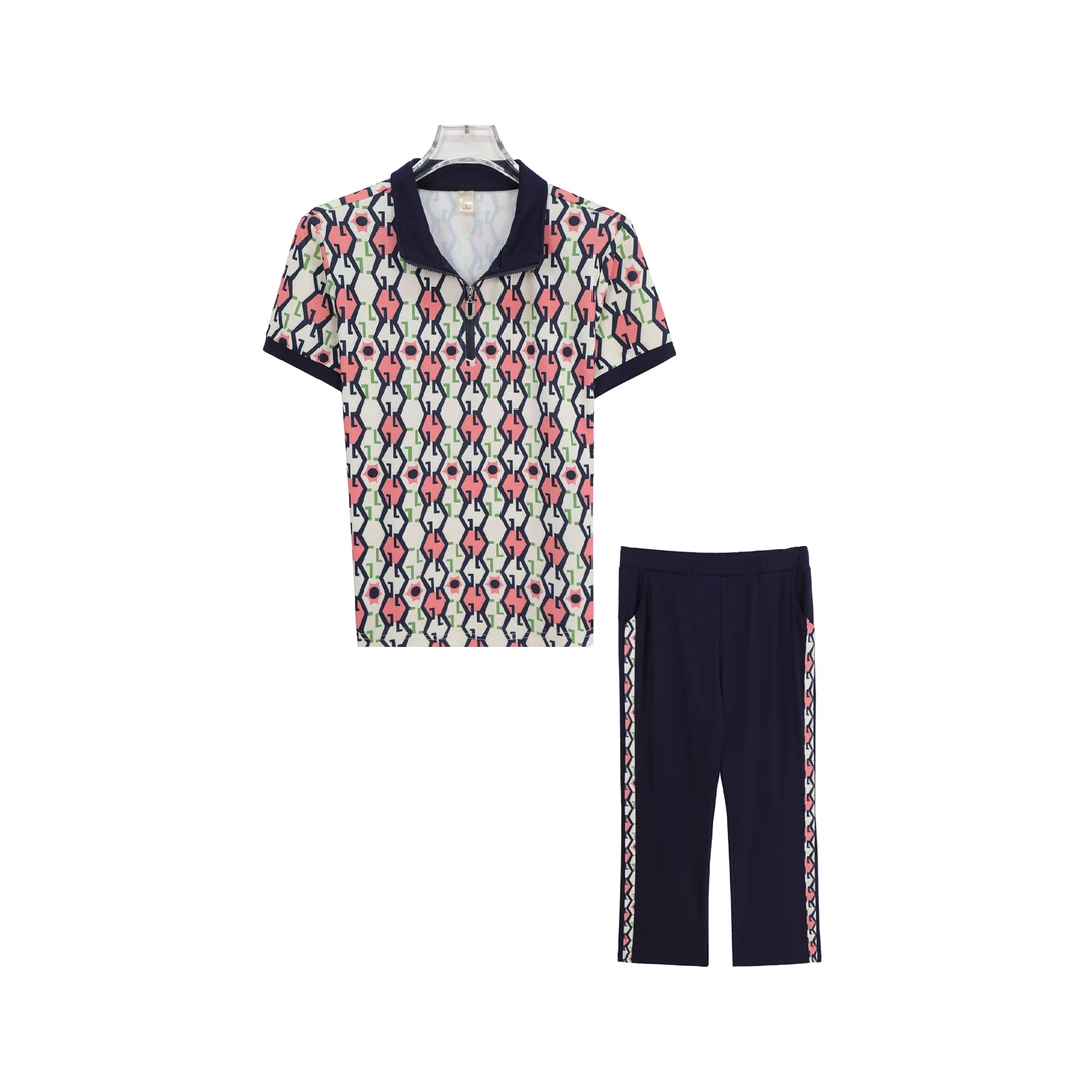 翻领拉链气质通勤撞色短袖休闲裤套装S764