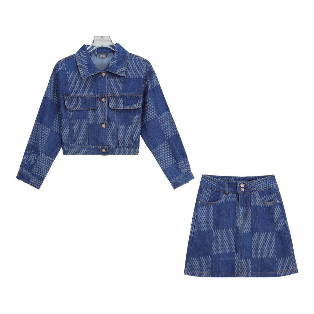 短裤牛仔潮流格子短款上衣高腰半身裙套装S2547