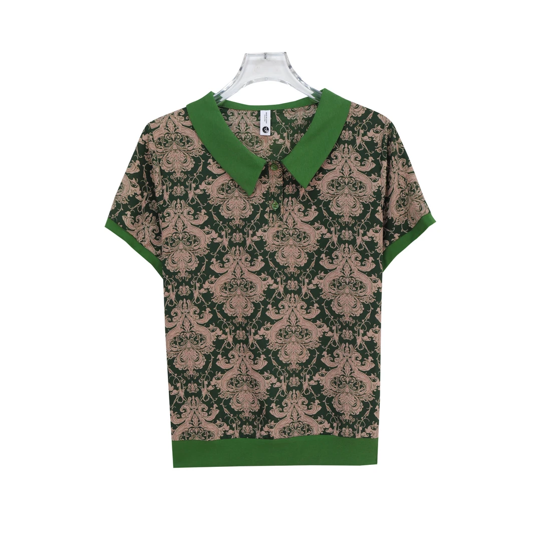 时尚撞色娃娃领印花短袖夏季新款洋气小衫上衣X26875