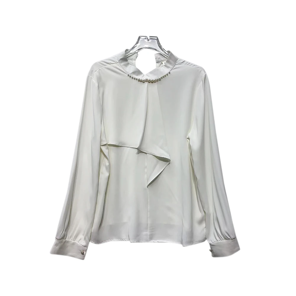 时尚缎面高级别致法式长袖百搭白色衬衣E0223