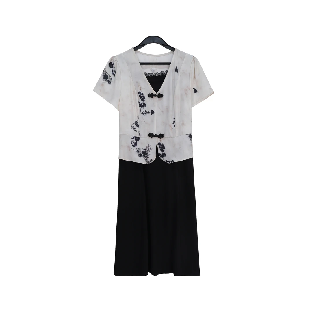 新中式百搭优雅显瘦减龄拼接连衣裙S1224