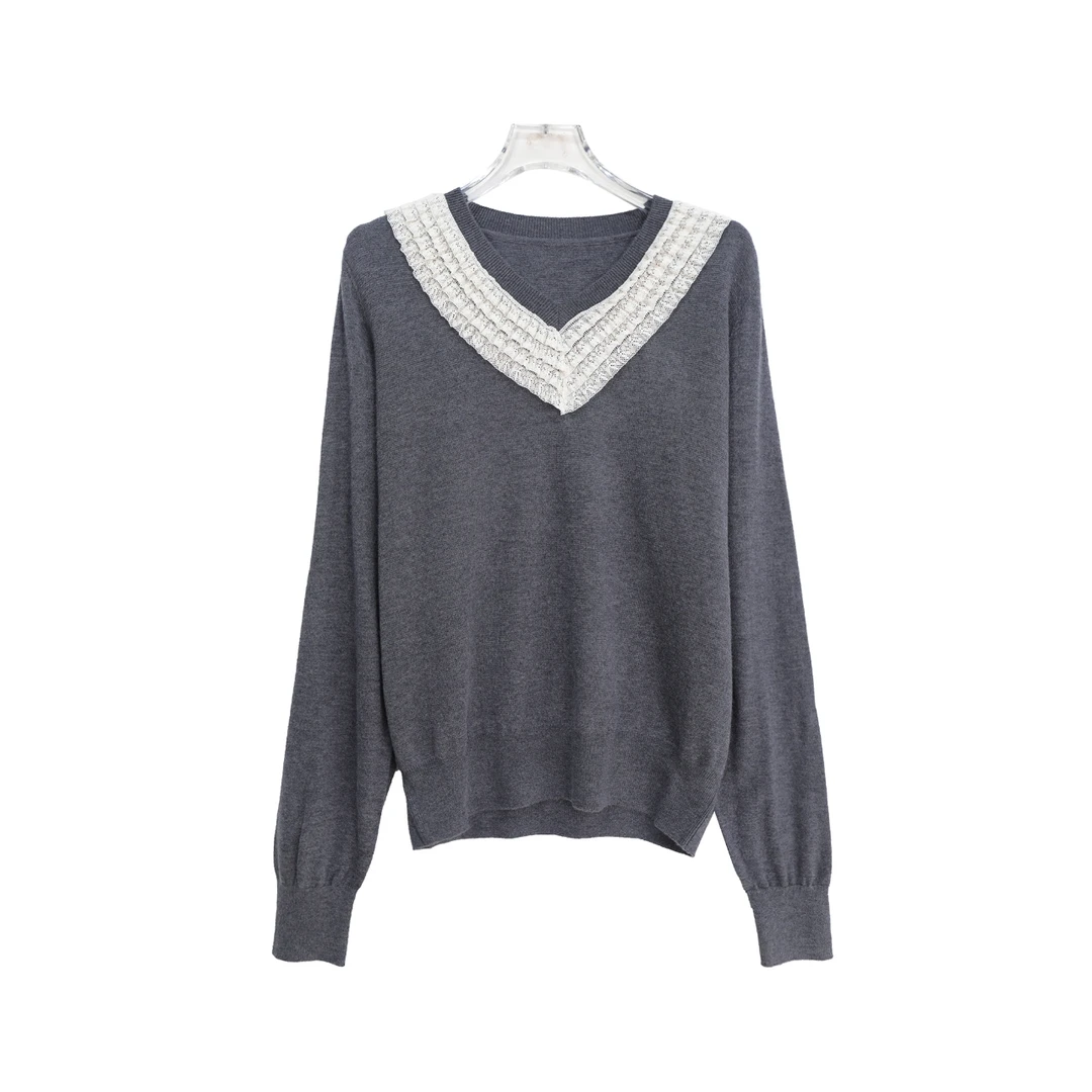 温柔气质风V领绵羊毛蕾丝拼接针织衫X2769