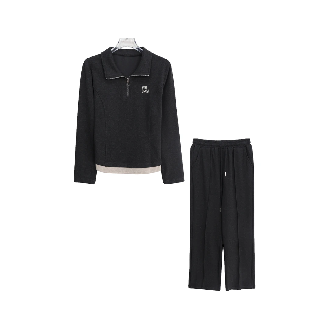 简约假两件POLO领上衣垂感阔腿裤套装S4177