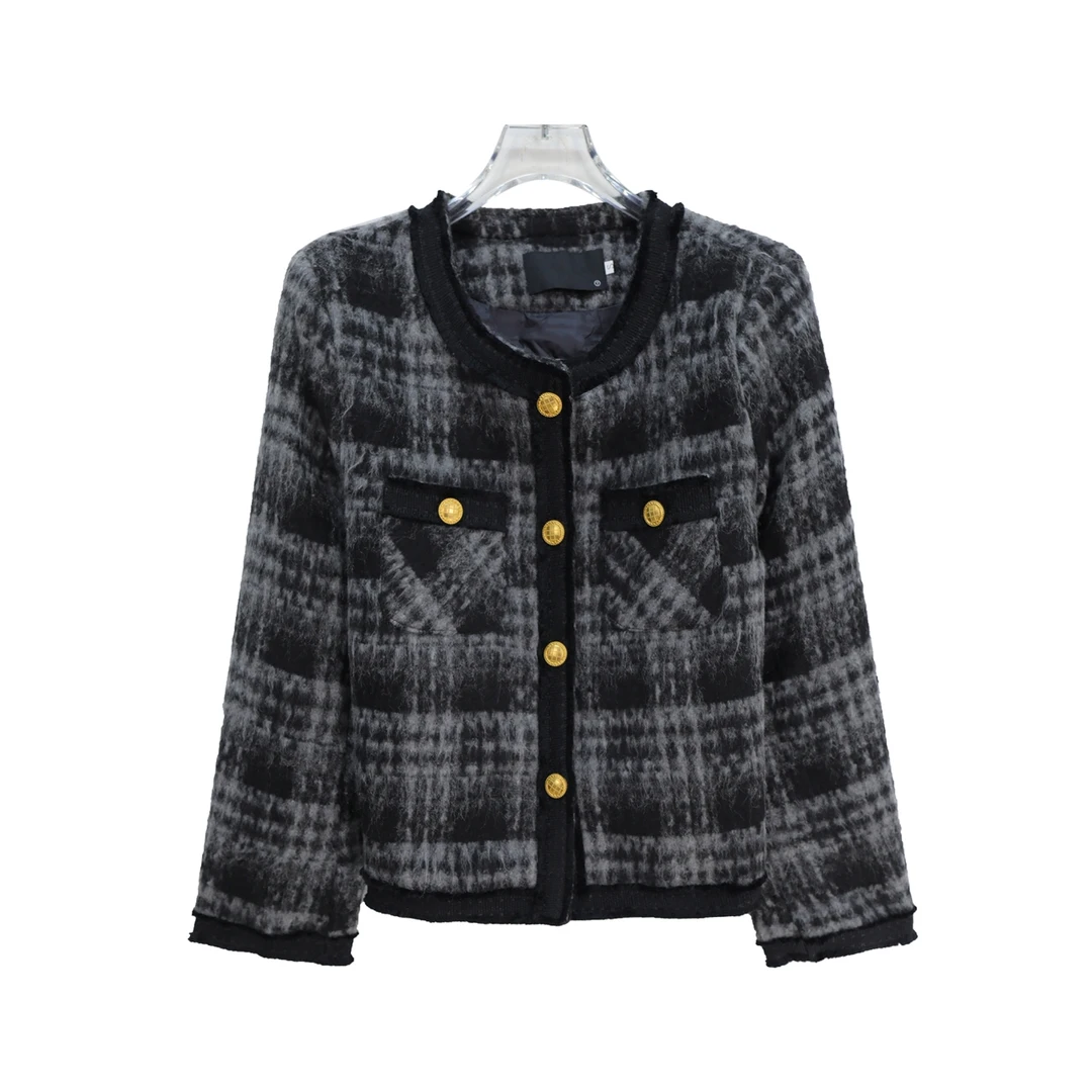 复古格纹长袖小香风气质时尚短外套S2825