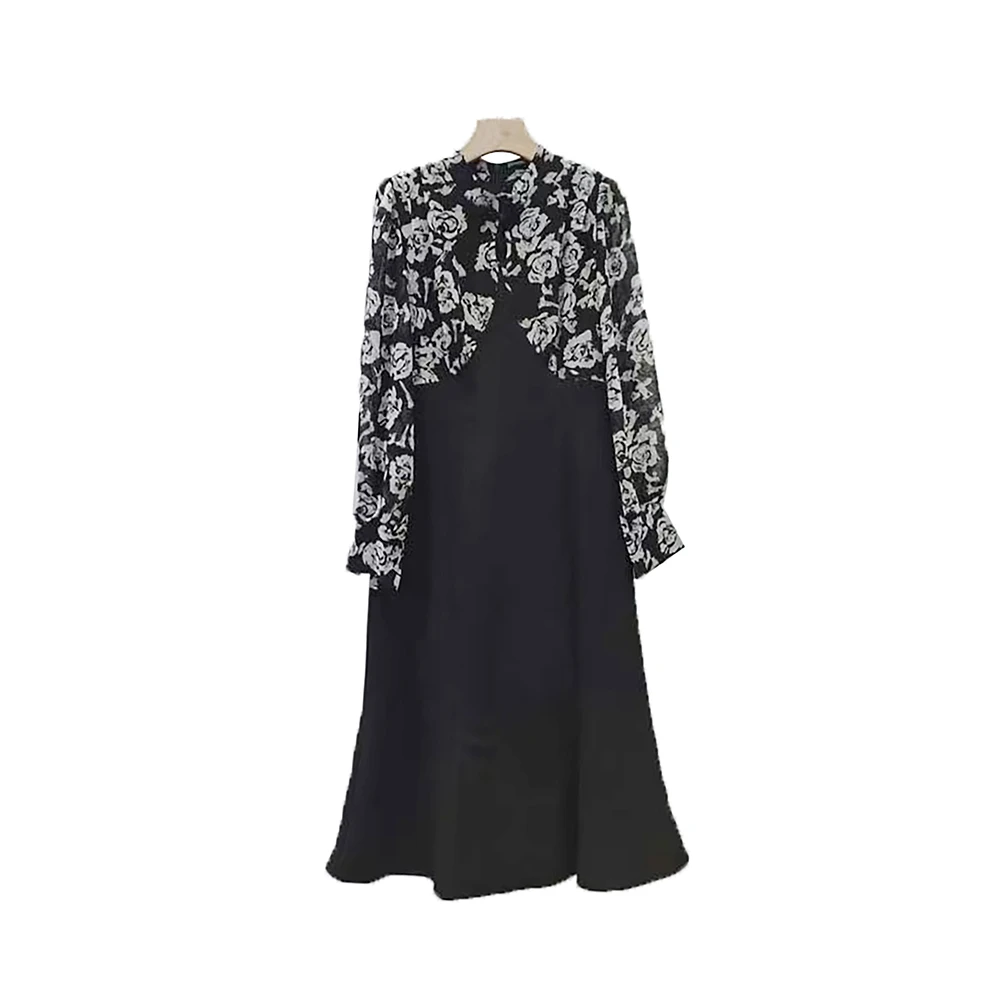 X2418【上新】复古立领盘扣假两件印花鱼尾连衣裙