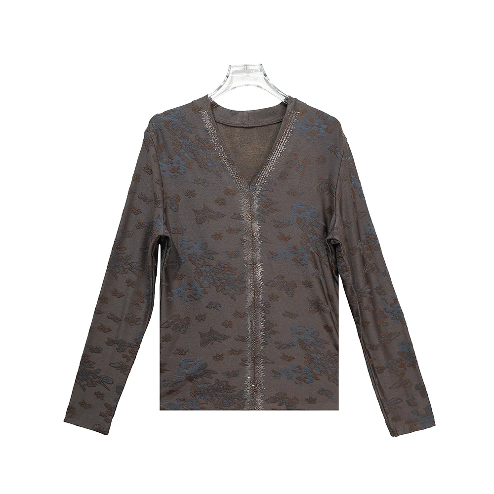 X24620【上新】洋气气质百搭休闲V领长袖弹力烫钻提花打底衫上衣3D