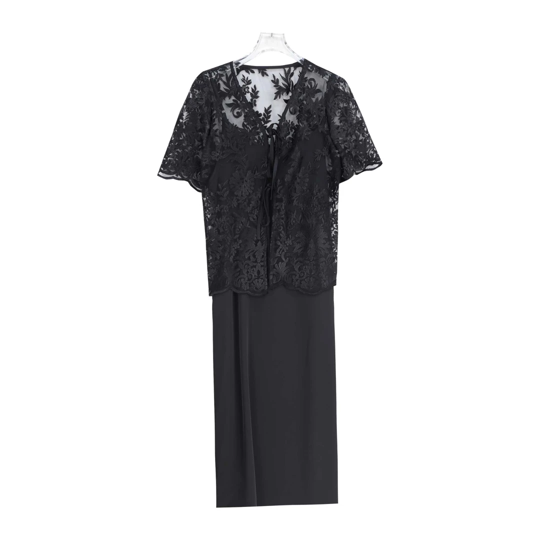 法式蕾丝刺绣V领衬衫吊带连衣裙两件套S1369