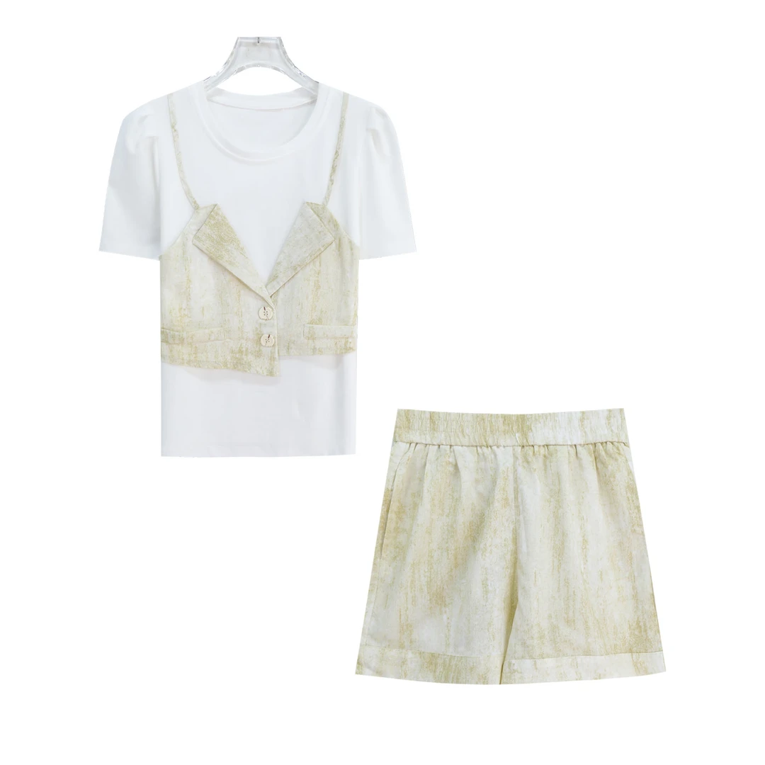 新款设计感假两件上衣阔腿短裤套装S1978