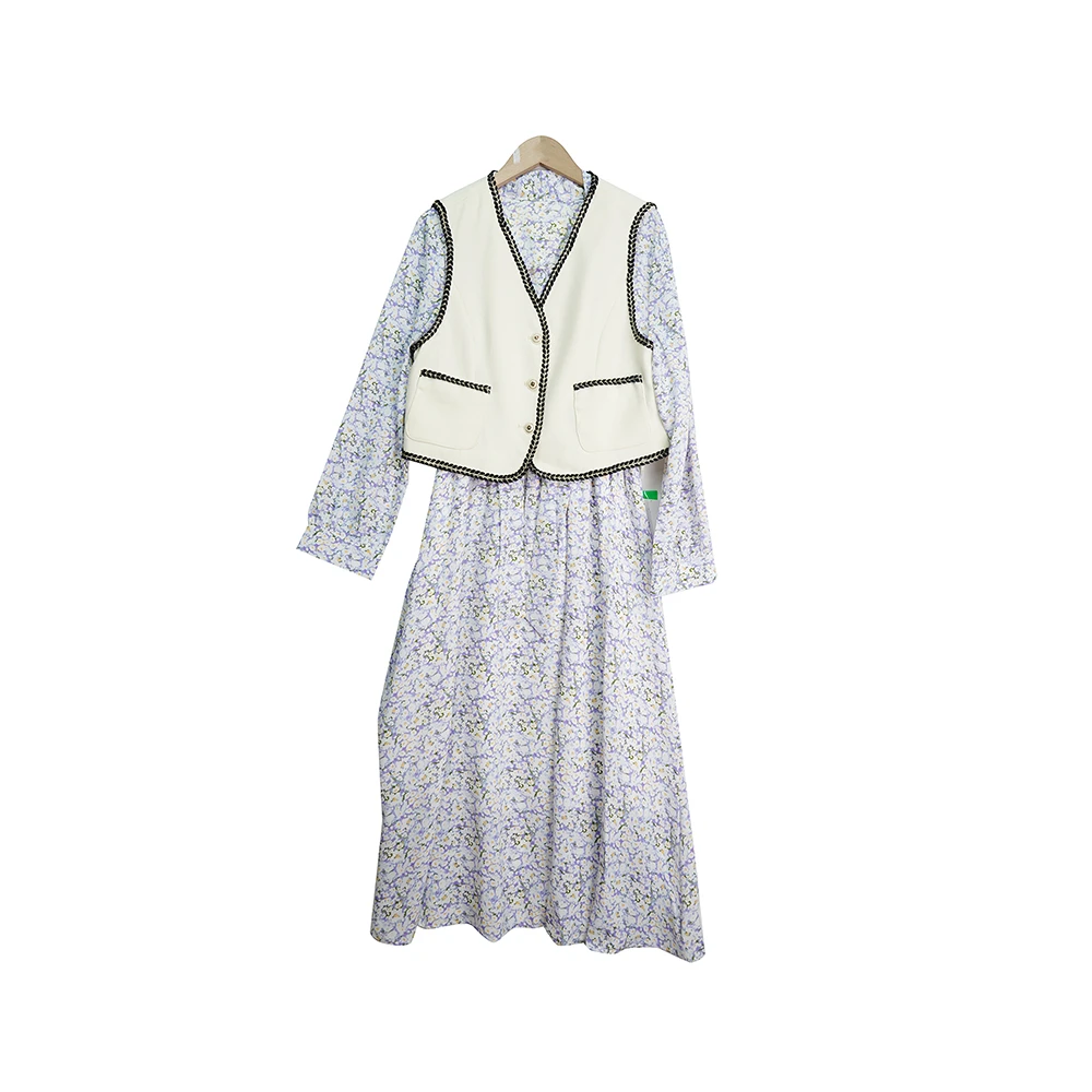 时尚气质洋气白色马甲碎花连衣裙两件套-E8826