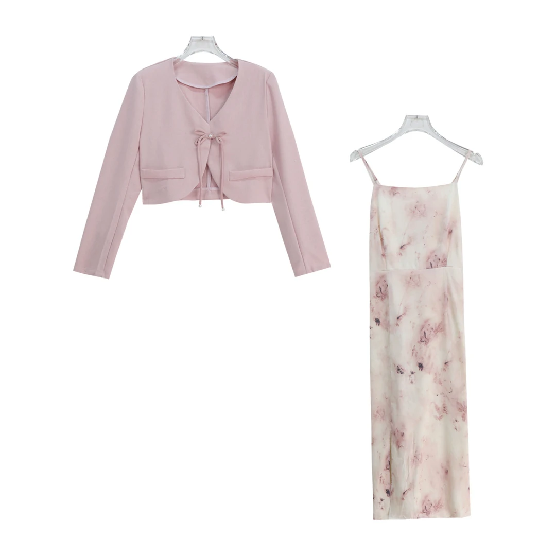 小众短款开衫外搭印花气质吊带裙套装S1691