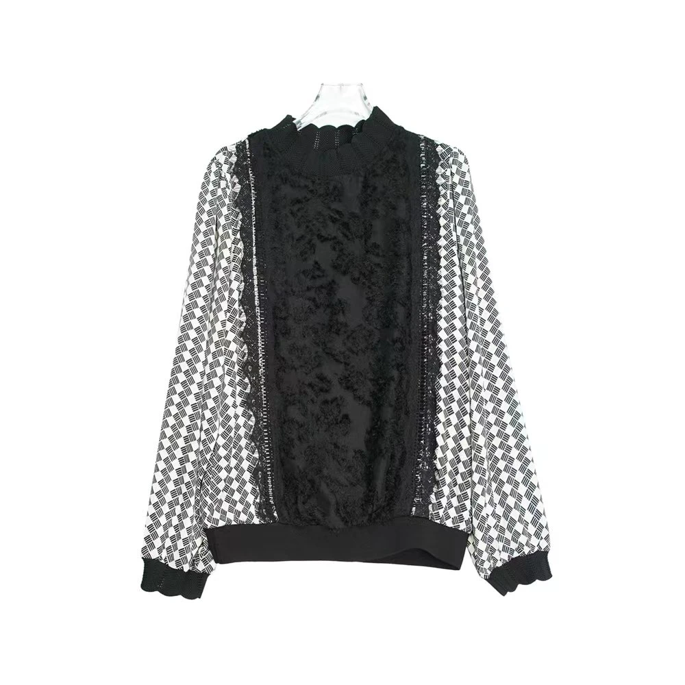X6617【上新】时尚新款高端拼接黑色蕾丝雕花洋气小衫