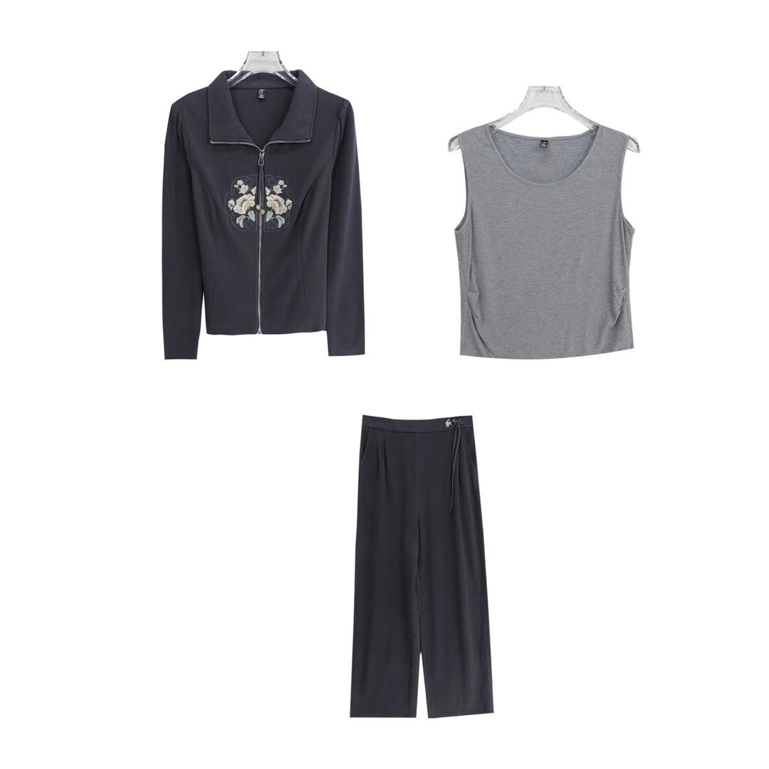 时尚新中式刺绣开衫背心气质三件套显瘦套裤S3029