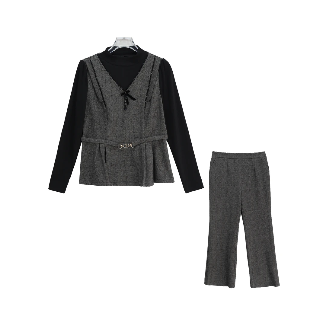 秋冬拼接显瘦洋气长袖上衣阔腿裤套装S2419