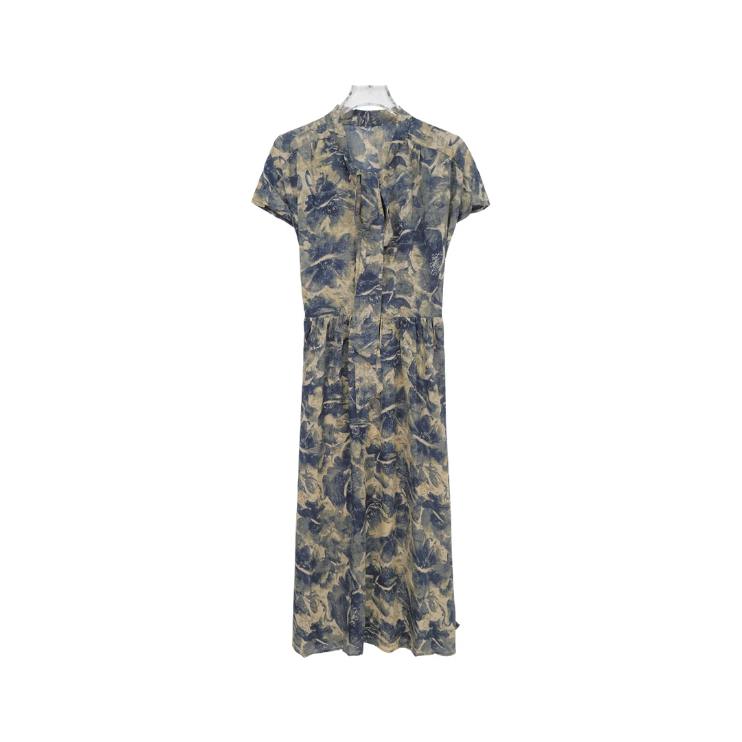 法式夏季长款温柔高级感气质水墨印花连衣裙Z134