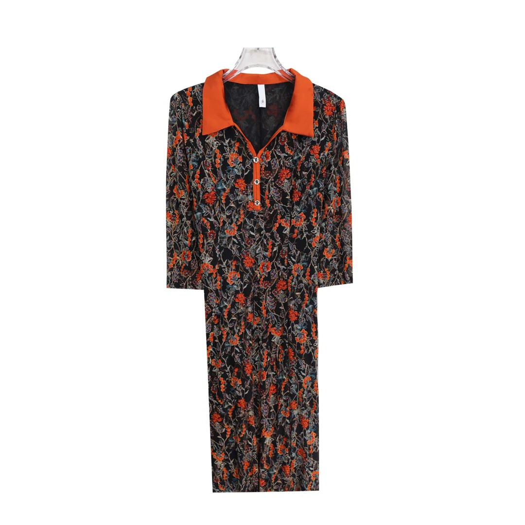 翻领撞色收腰显瘦优雅气质时尚连衣裙S3504