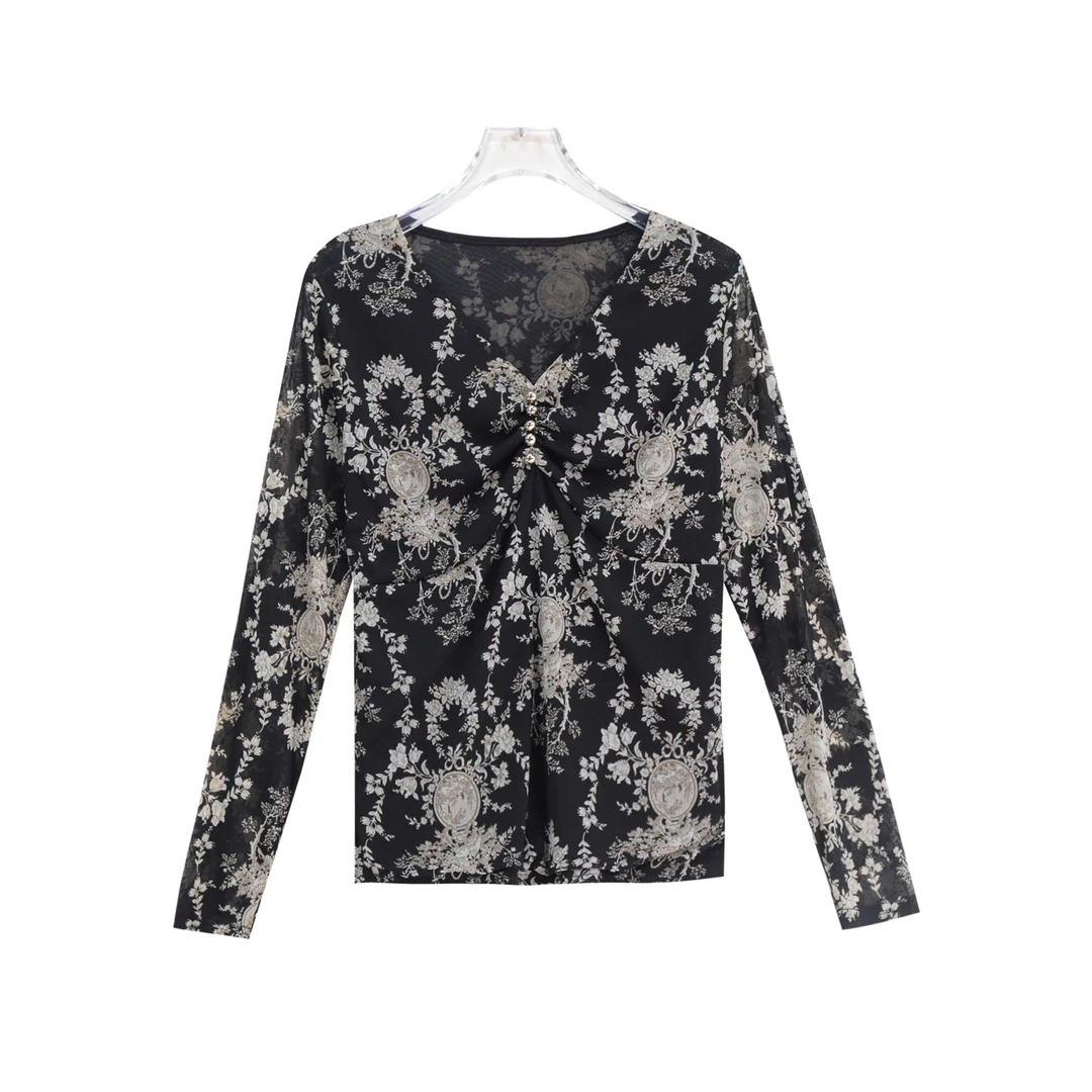 轻奢名媛风印花减龄修身小众V领褶皱针织衫S4405